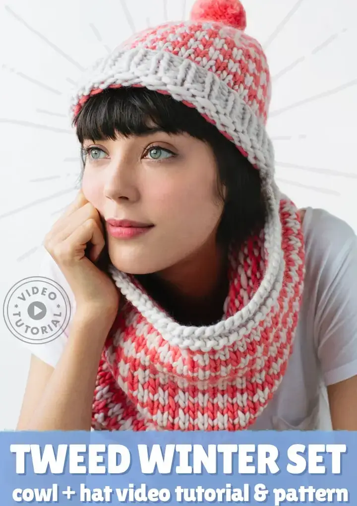 tweed winter set hat and cowl knitting pattern with tutorial video