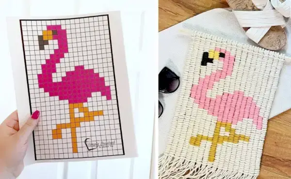 Défi mensuel en macramé d’août – Tenture murale Flamingo simplement inspirée