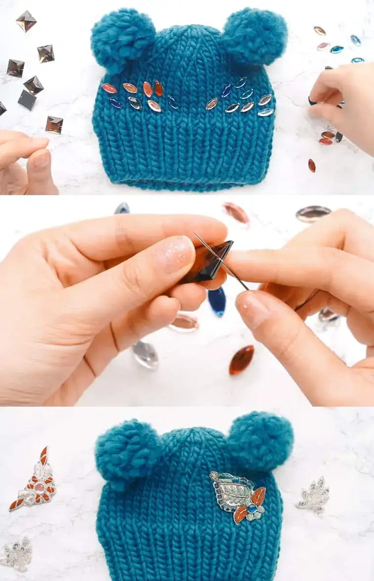 how to decorate knit hat with jewels and appliques